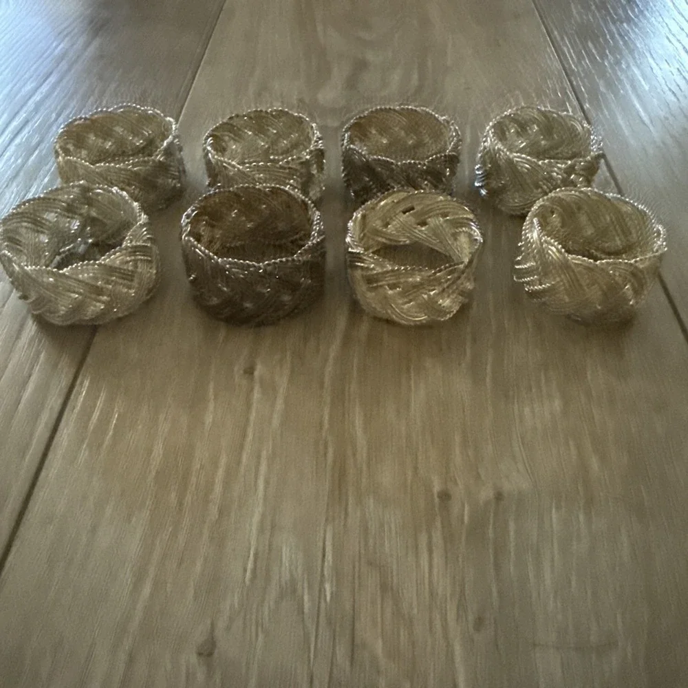 8 Napkin Ring Metal Braided Set of 8 Silver‎ Plate Swirl Ridged Edge 1.75